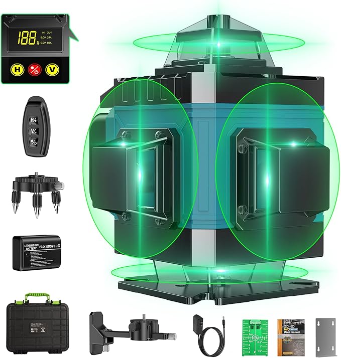 16 Line Laser Level 360 Self Leveling, 4x360°Professional 4D Green Cross Line laser Level with 2 Batteries, Adjustable Brightness & Remote Control, for Tiling Floor Construction and Picture Hanging