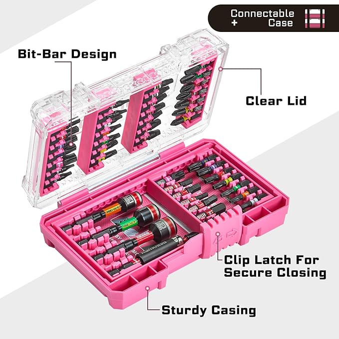 47Pieces Impact Screwdriver Bits Set, Magnetic S2 Steel 1” Phillips/Square/Torx/Slotted/Hex/Security Torx Bits Tips,Impact Bit Holder with Pink Storage Box Case