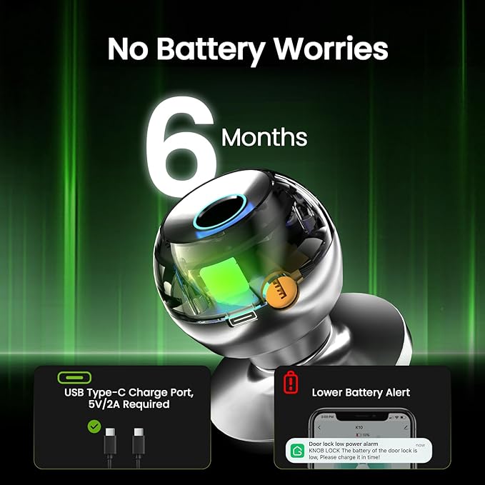 GHome Smart Fingerprint Door Lock, 3 in 1 Smart Fingerprint Door Knob with App Control & Key, Auto Lock, Biometric Door Knobs with Lock for Bedroom, Garage, Home & Office