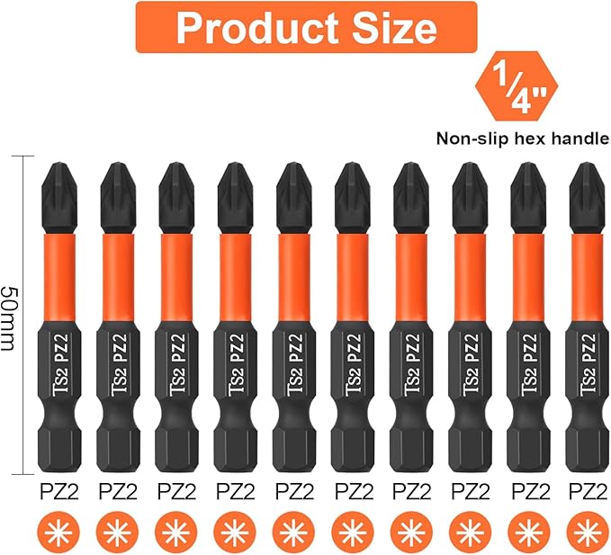 Pro PZ2 Screwdriver Bit Set - Pozi Screwdriver 10 Pieces, 50mm Length, 1/4" Hex Shank Bit Assortment, with Storage Box