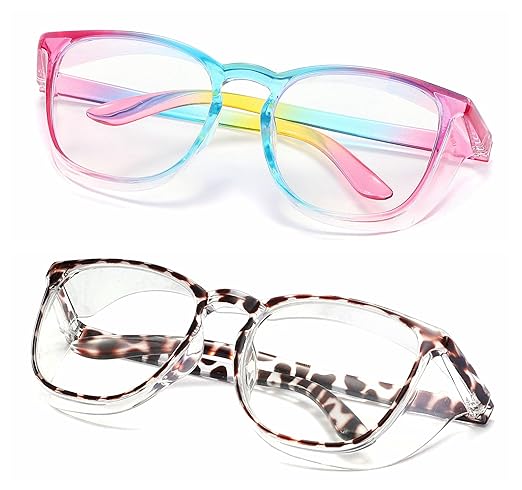 Alsenor Safety Glasses Anti Fog Goggles Protective Eyewear Blue Light Blocking Anti Dust UV Protection Glasses For Men Women (2 Pack (Rainbow + Newleopard))
