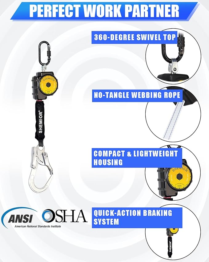 11FT Self Retracting Lifeline, Swivel Top Self Retractable Safety Lanyard, ANSI Lightweight Web SRL, Rebar Hook Fall Arrest Protection Gear