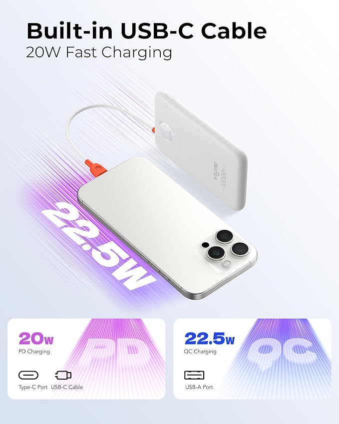 Slim Portable Charger 10000mAh, Travel Power Bank with Built-in USB-C Cable & LED Display, 22.5W Fast Charging Battery Pack Compatible with iPhone 16 15 Samsung S24 S23 -White