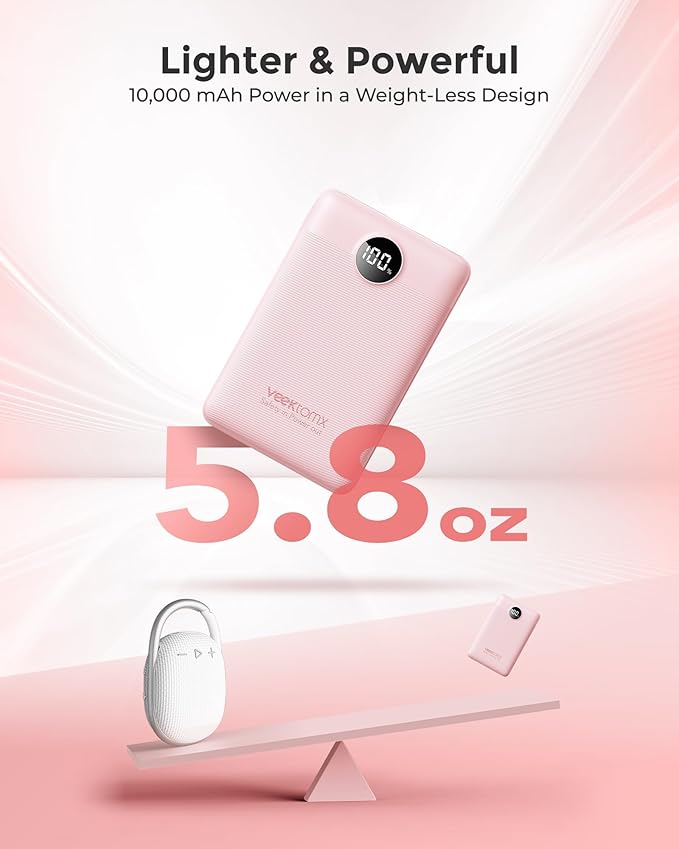 VEEKTOMX Small Portable Charger, Mini Power Bank 10000mAh, PD 22.5W Fast Charging USB-C Battery Bank, Travel Essentials Dual Voltage External Portable Powerbank for iPhone/Samsung/Google Pixel, Pink