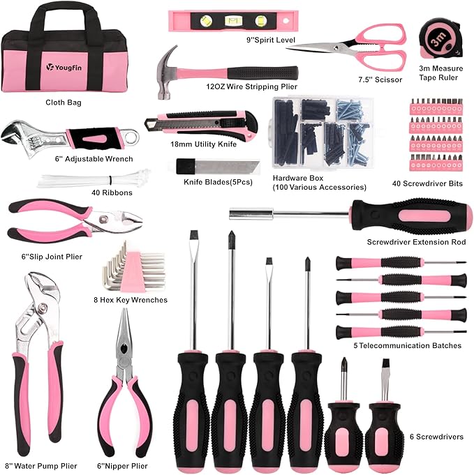 Yougfin Pink Tool Set, 215 Pcs Lady's General Home Repairing Tools Kit For Girls & Women With Portable Bags, Includes All Essential for Home, Garage, Office and College Dormitory Use, Pink & Black