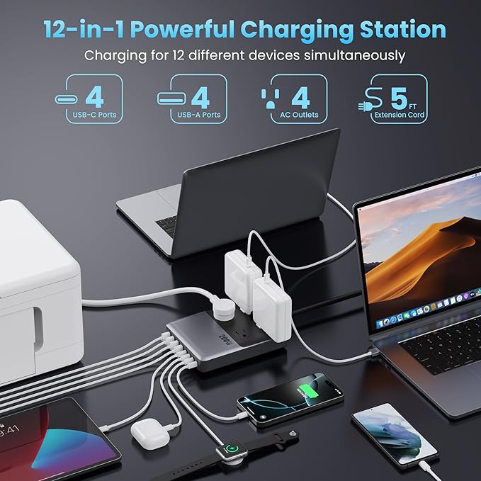 12-in-1 Charging Station USB C Power Strip with 5ft Cord and Plug,200W GaN IV USB C Charger Block,4 AC Outlets,4 USB-A,4 USB-C for MacBook,iPhone 16/15/14,Fast Charging Desktop Charger for Office,Home