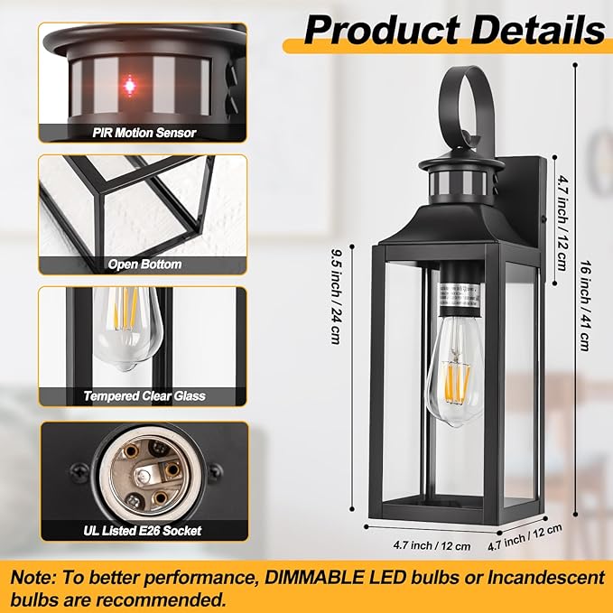 Motion Sensor Outdoor Wall Lights 2 Pack, Black Dusk to Dawn Light Fixtures Wall Mount, 16" Exterior Wall Sconces Waterproof, Large Outside Lamps for House, Modern Porch Lanterns 3 Modes