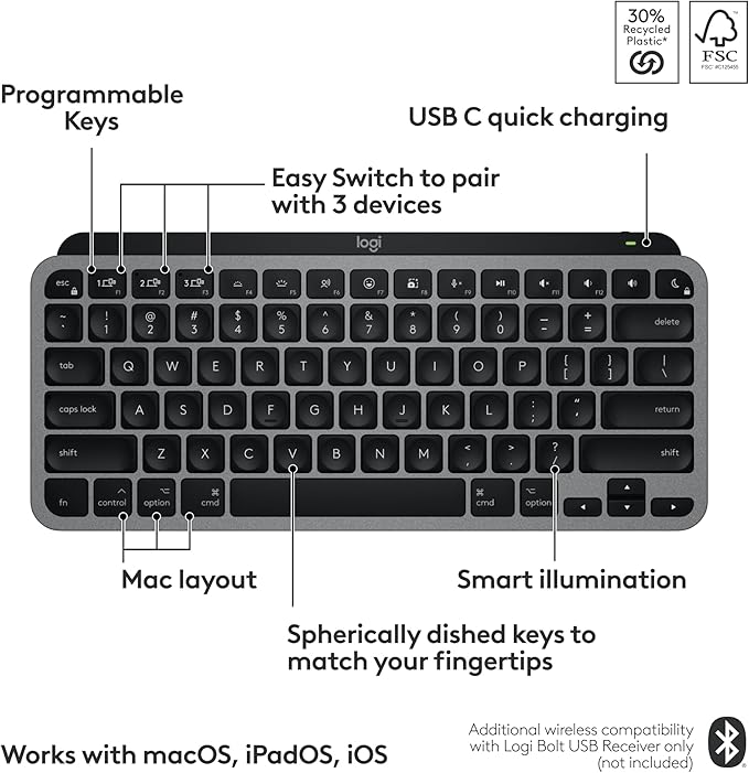 Logitech MX Keys Mini for Mac Minimalist Wireless Keyboard, Compact, Bluetooth, Backlit Keys, USB-C, Tactile Typing, Compatible with MacBook Pro,MacBook Air,iMac,iPad - Space Grey