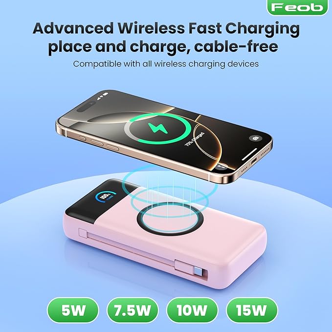 Wireless Portable Charger 40800mAh with Built-in Cables, 15W Wireless Charging USB C Power Bank, 25W PD QC 4.0 5 Outputs TFT LCD Display Battery Pack for iPhone 16/15/14/13/12, Samsung, Android etc