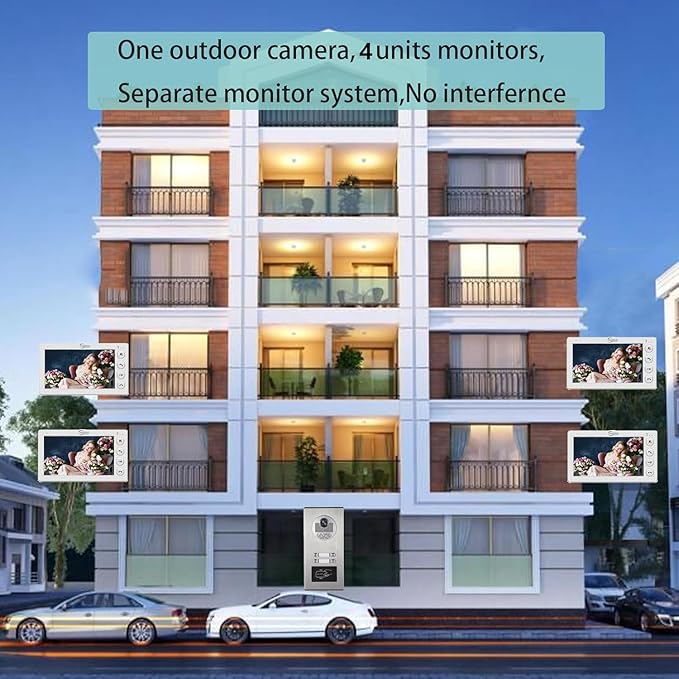 Video Apartment Intercom System,6 Units 7 inch Monitor Wired Video Door Phone Kit,Indoor Outdoor Video Doorbell,ID Keyfobs Unlock,2 Way Audio,6-Screen for Home Apartment (1 Doorbell+4 Monitor)
