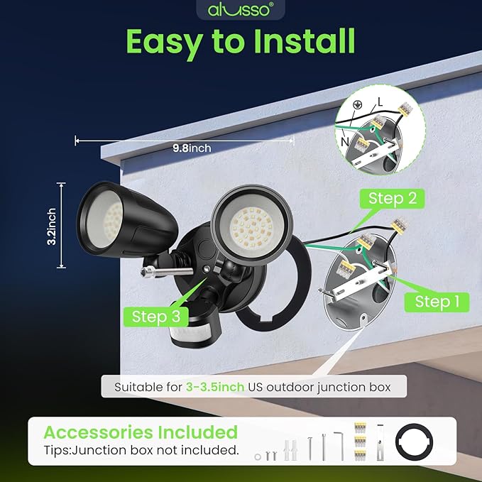 ALUSSO® Motion Sensor Outdoor Lights, 30W 2700LM LED Flood Light Outdoor Metal Heads, 3 Modes(Dusk to Dawn/Auto/On Time) & 3CCT 3000K/4000K/6500K, Waterproof Hardwired Security Light ETL Listed, 1PC