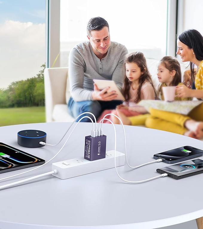 [2Pack] 50W USB C Plug,5-Port Fast Charger Block PD+QC Cube Wall Charging Box Brick for iPhone 16/15/14/13 for Samsung Galaxy S24/S23/S22/S21+/S21 Ultra, Magsafe Wireless Charger,(Purple)