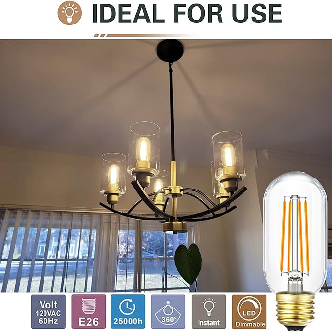 Leools Dimmable E26 led Bulb 8W Equal 75 watt Vintage LED Edison Bulb Clear Glass AC120V 2700K 800LM T14 LED Bulb for Ceiling Fan Light Bulbs, Pendant,Sputnik,Vanity,Chandeliers,6Pack.