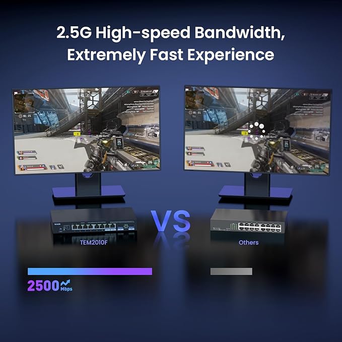 Tenda TEM2010F, 8 Port 2.5G Ethernet Switch Support NAS 5G Transmission, Unmanaged 2.5G Switch with 8 x 2.5G Ports, 2 x 2.5G SFP Slots, 50Gbps Switching Capacity, Fanless, Limited Lifetime Protection