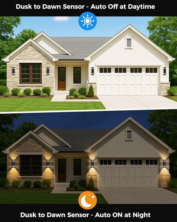 KIZON Outdoor Wall Lights Dusk to Dawn, Modern Outdoor Sconce Up and Down Lighting, Square Matte Black Exterior Lighting Fixture Wall Mount for House Porch, LED Bulbs Included, ETL Listed