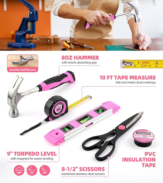 Pink Household Tool Set with 3.6V USB Electric Screwdriver, 136 PCS Home Tool Kit with Cordless Lithium-ion Drill Driver, Hand Tool Kits for Women