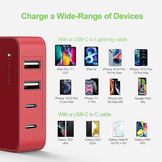Nekmit USB C Charger, Thin Flat 52W 4-Port Fast Wall Charger with Two 20W Power Delivery and 2 USB Port for iPhone 13/13 Mini/13 Pro/13 Pro Max, Galaxy, Pixel, iPad Pro, AirPods Pro and More, Upgraded