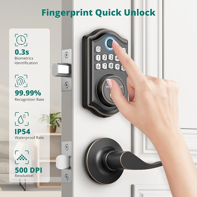 DS10 Keyless Entry Door Lock with 2 Lever Handle, Fingerprint, Keypad Code, 2 Keys, Smart Locks for Front Door, Bedroom, One-time Code, Auto-Lock, Easy Installation
