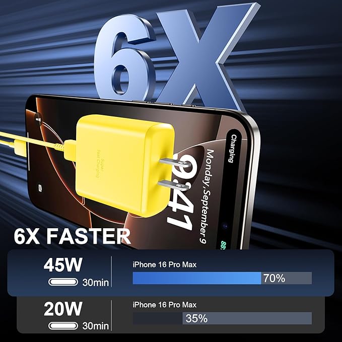 Phone 16 Pro Max Charger, 45W USB C Fast Charging Block With 10ft Long Type C Cable for Phone 16/15 Series, Pro/Plus Models - Yellow