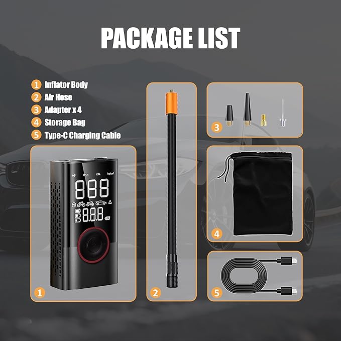 Tire Inflator Portable Air Compressor,150PSI Cordless Air Pump with Digital Pressure Gauge for Car, Bike，Motorcycle & Ball, Emergency LED Light and Auto Shut-Off, Car Accessories