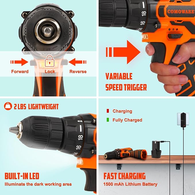 COMOWARE 195PCS Home Tool Kit with 12V Cordless Power Drill, Drill Set for DIY Maintenance & Repair, Tool Set with Storage Case, Orange