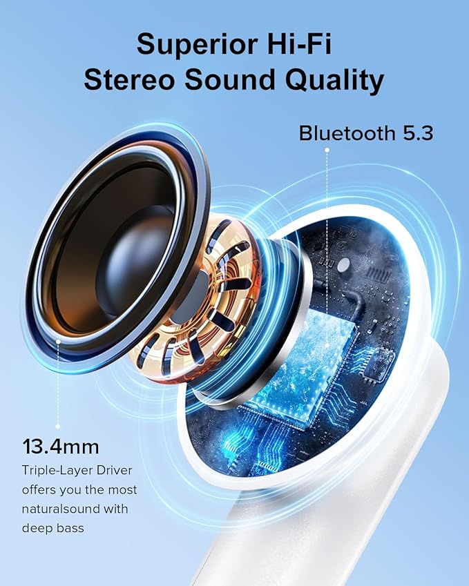 Wireless Earbuds, 42H Playtime Bluetooth 5.3 Headphones, HiFi Stereo Call Noise Cancelling Earbuds, IPX7 Waterproof Stereo in-Ear Earphones with LED Display for iOS Android (White)