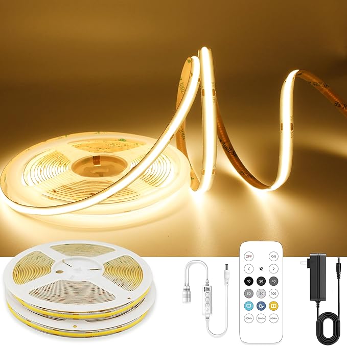 32.8ft COB LED Strip Light Warm White, High Bright LED Strips with 320LEDs, RF Remote and UL Power Supply, 3000K Dimmable LED Lights for Bedroom,Kitchen, DIY Home Decoration, 2 Rolls of 16.4ft