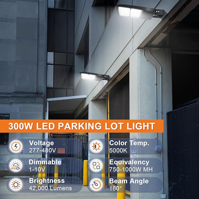 480V 300W LED Parking Lot Lights, 42000LM LED Shoebox Street Light Flood Light (1000W MH/HPS Equiv.), 5000K Dimmable Commercial Area Lighting with 20KV Surge Protection, IP65 277-480V UL&DLC Listed