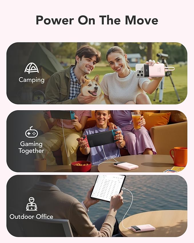 VEGER 10000mAh Portable Charger with 2 Built-in Cables, PD 22.5W Fast Charging USB C Power Bank, 4 Outputs 3 Inputs Slim Battery Pack Compatible with iPhone, Samsung, iPad, Android - Travel Essential