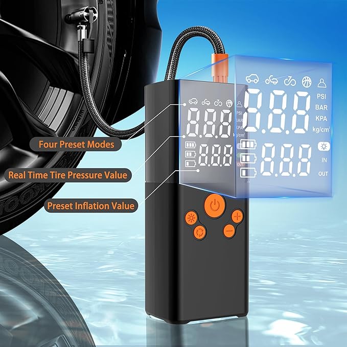 Car Tire Air Pump Portable, Cordless Tire Inflator Portable Air Compressor with 2000mAh Battery and Large Dual Digital Screen Pressure Gauge,150PSI Tire Connector Accessories for Motorcycle Bike Ball