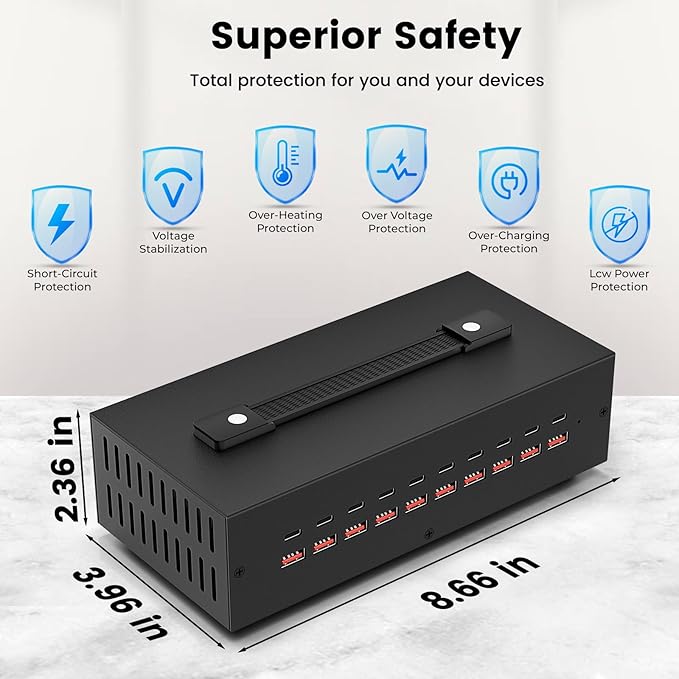 Portable USB~C Charger Block, 200W(20A) 20 Port (10 A & 10 C Port) Home Fast Charging Station for Multiple Devices, Desktop USB Wall Charger Compatible with iPhone, iPad, Kindle, Tablets, Watch