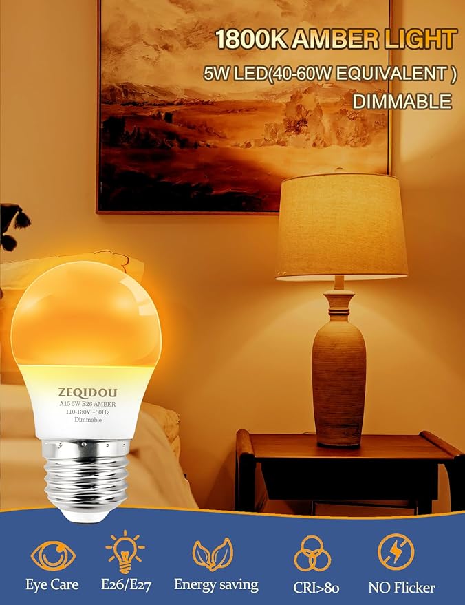 Amber Sleep Light Bulbs Dimmable, Blue Light Blocking, A15 E26 5W(40 Watt Equivalent) Dim Light Bulb,1800K Warm Light Bulbs for Healthy Sleep, Bedroom, Kids Room, 4-Pack