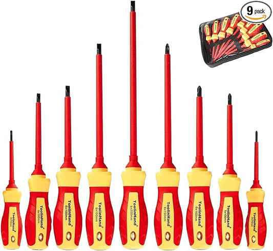 9 PCS 1000V Insulated Electrical Screwdriver Set, 4 Phillips and 5 Slotted Screwdrivers, with Voltage Tester, CR-V Magnetic Tips, Professional Electrician Electrical Screwdriver Tool Set