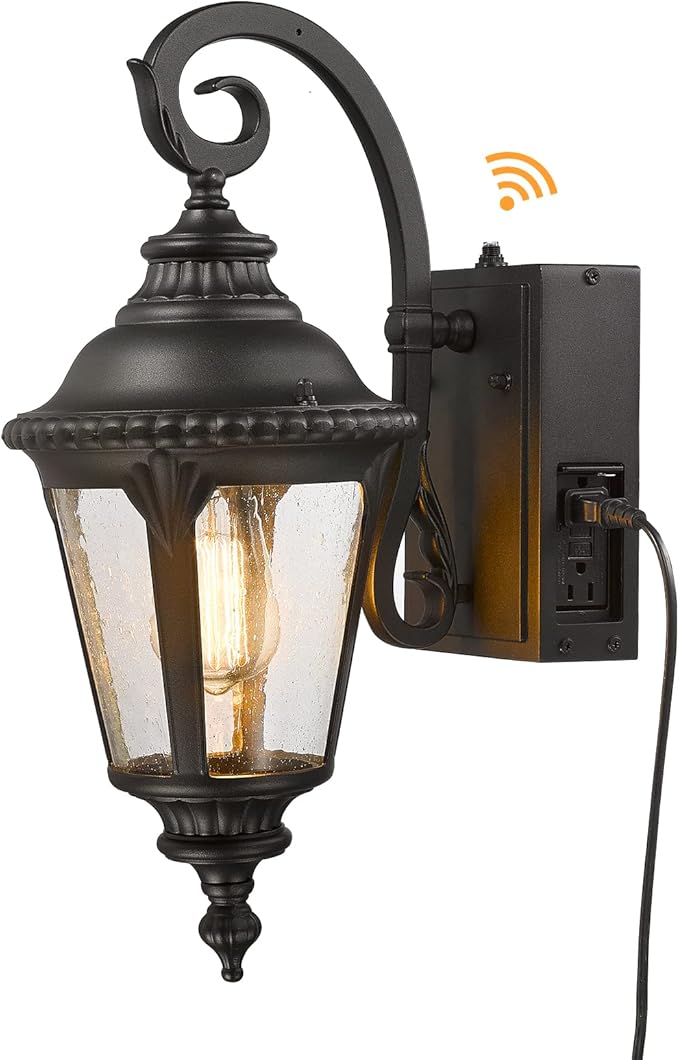 Darkaway Dusk to Dawn Outdoor Porch Light with GFCI Outlet, Waterproof Outdoor Wall Sconce Light Fixture for House, Front Porch, Patio，Black