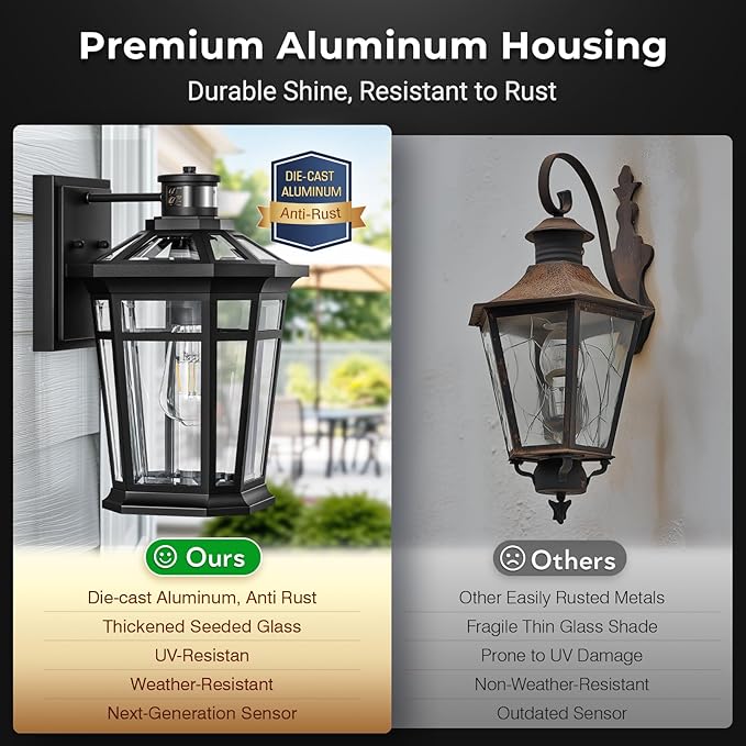 VIANIS Large Black Motion Sensor Outdoor Lights, Adjustable Sensing Range Exterior Lighting Fixtures, Aluminum Dusk to Dawn Outdoor Lighting Waterproof, Porch Lights Wall Mount for Garden,Front Door