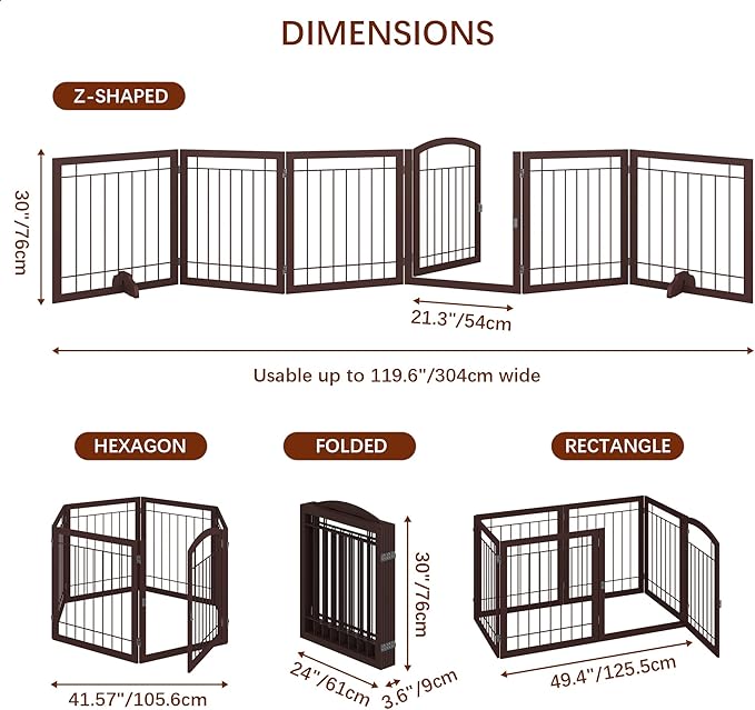 JSB 144-inch Extra Wide 30-inch Tall Dog gate with Door Walk Through, Freestanding Pet Gate for Halls, Stairs & Home, Pet Puppy Safety Dog Fence with 2PCS Support Feet (Espresso)