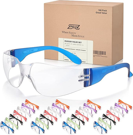 168 BULK PACK Safety Glasses in 7 Colors Unisex Clear Anti-Scratch Protective Goggles Impact Resistant Lens Eyewear with ANSI Z87.1 EN166 Certified Perfect for Construction, Shooting and Laboratory