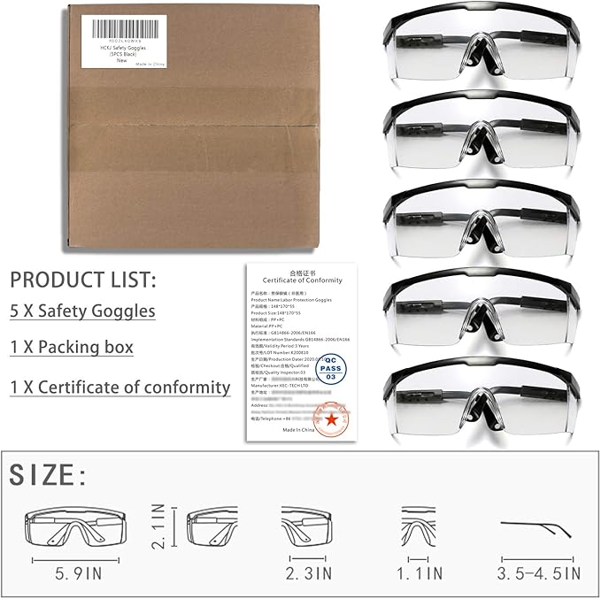 Safety Glasses, 5PCS Adjustable Wide-Vision Protective Glasses, Lightweight Fog-Proof Safety Goggles