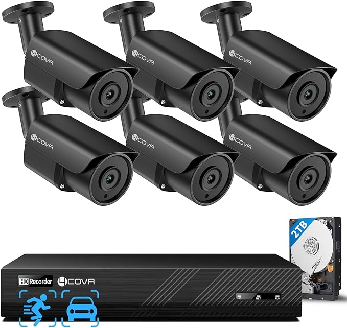 4COVR 4K PoE Security Camera System & AI Human Vehicle Detection, 8 CH 8MP NVR 2TB HDD, 6Pcs 8MP Wired Commercial Bullet IP Camera IP67 Night Vision, 24/7 Home Surveillance Outdoor, LY37EB8M0806