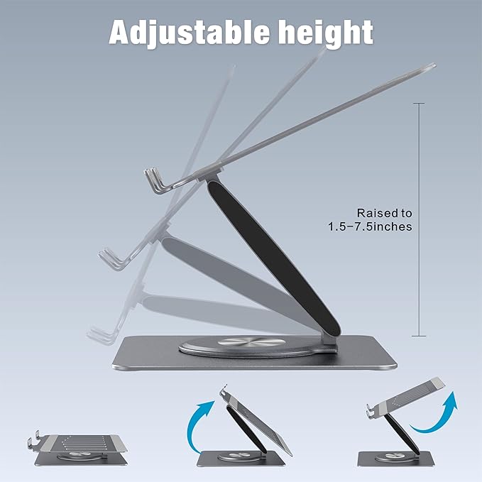 Adjustable Laptop Stand for Desk with 360° Swivel Base, Aluminum Laptop Holder, Foldable Ergonomic Laptop Cooling Riser, Supports up to 18 Pounds, for Macbook Air/Pro Dell/HP and All Laptops 7-15.6"