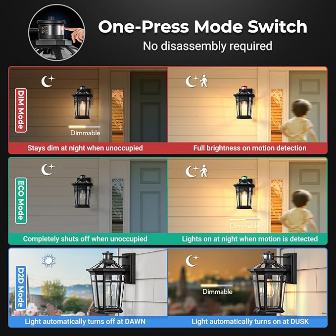 VIANIS Large Black Motion Sensor Outdoor Lights, Adjustable Sensing Range Exterior Lighting Fixtures, Aluminum Dusk to Dawn Outdoor Lighting Waterproof, Porch Lights Wall Mount for Garden,Front Door