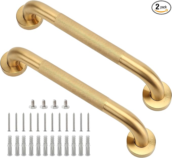 Shower Grab Bar, 2 Pack 12 Inch Gold Bathroom Grab Bar, 1.25" Diameter 304 Stainless Steel Anti-Slip Grab Bars for Bathtubs and Showers, Handicap Shower Grab Bar for Seniors Elderly
