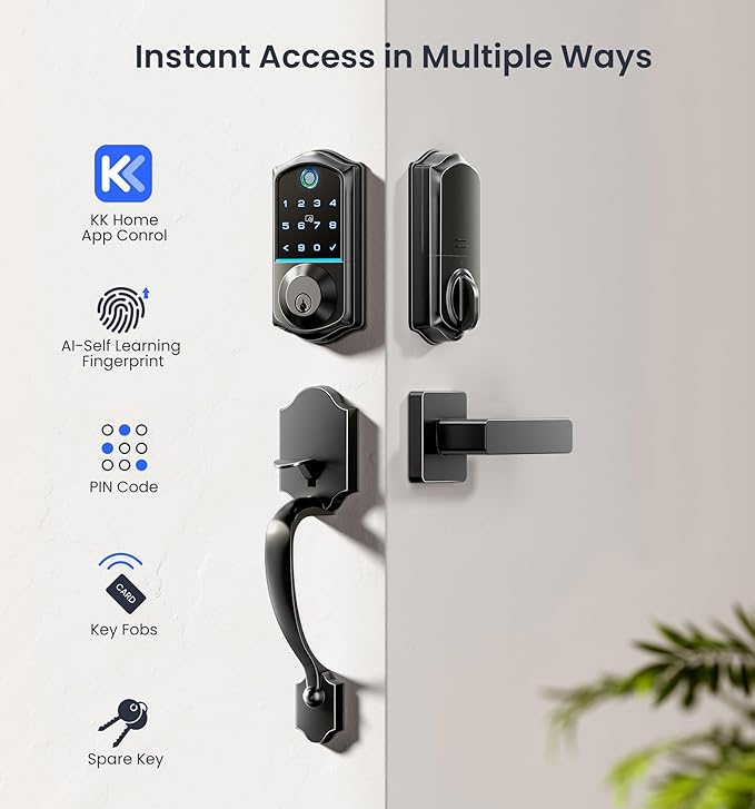 Veise VE017-H Fingerprint Smart Front Door Lock Set, App Control, Keyless Entry Deadbolt with Handle, Smart Deadbolt, Emergency Power Port, Touchscreen Keypad, Auto Lock, Easy Install, Matte Black