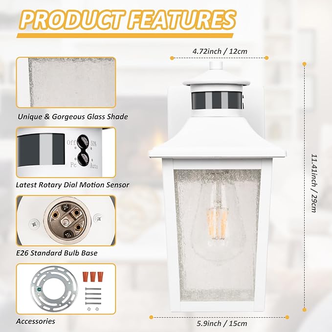 White Motion Sensor Outdoor Wall Light 2 Packs, Dusk to Dawn Outdoor Wall Lighting, Waterproof Exterior Light Fixture, Modern Porch Light Outside Wall Mount for House Patio Garage, Anti-Rust