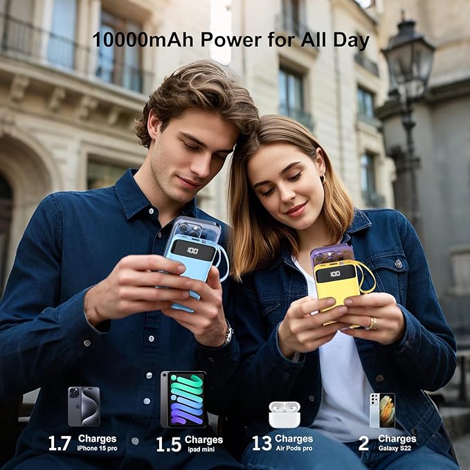 Portable Charger 10000mAh Power Bank with Built-in Cable, 5 Output 2 Input Travel Essential External Battery Pack with LED Display Compatible with iPhone 16/15 Samsung S22 Android,etc