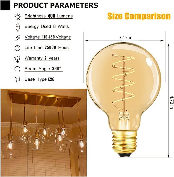 Leools Vintage LED Spiral Filament Bulb G25/G80 Dimmable Flick-Free 6W CRI95 LED Edison Globe Light Bulb E26 Base,Amber Glass,Warm White,2200K, 400LM(40W Equivalent), Pack of 4