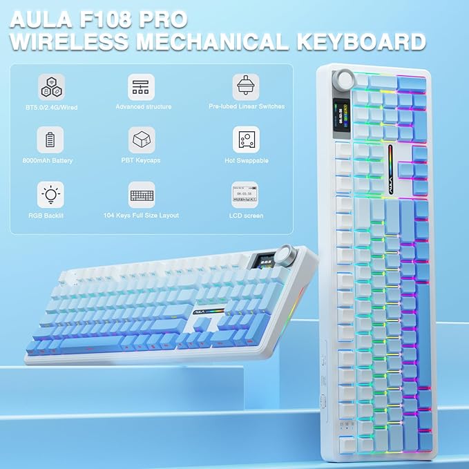 AULA F108 PRO - Wireless Mechanical Keyboard with Screen&Knob,Hot Swappable Gaming Keyboard with 8000mAh Battery,Pre-lubed Switches,RGB Backlit,PBT Keycaps Creamy Sounding Computer Keyboards,104 Keys