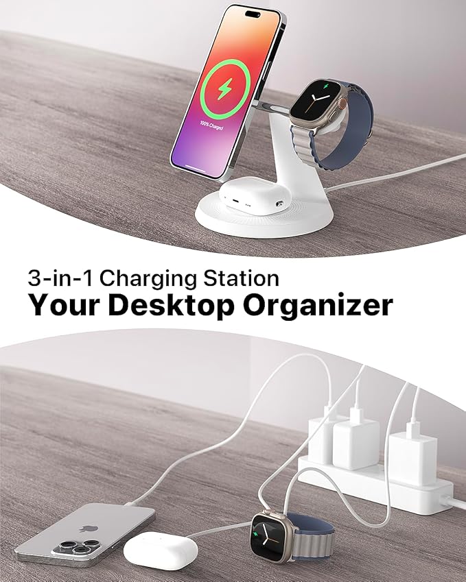 3 in 1 Wireless Charging Station for Apple Device: Fast Charging Station for iPhone and Watch with MagSafe, Stable Charger Stand for iPhone 12-16 & iWatch & AirPods