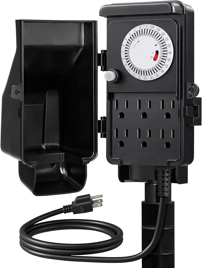 DEWENWILS Outdoor Mechanical Power Strip Timer, 24 Hour Multi Socket, Waterproof 6 Outlet Garden Power Stake, 6 ft Cord, 1800W/15A Heavy Duty, for Lights, Yard, Garden