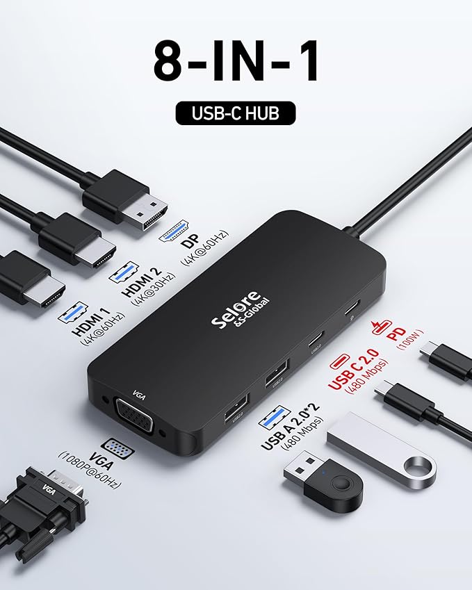 USB C Docking Station Dual HDMI Monitor Adapter, Selore USB C Hub 3 Monitors with Dual HDMI, Displayport, VGA, 100W PD Charging, 3USB 2.0 Ports Adapter for Dell XPS,HP, Lenovo,etc(Black)